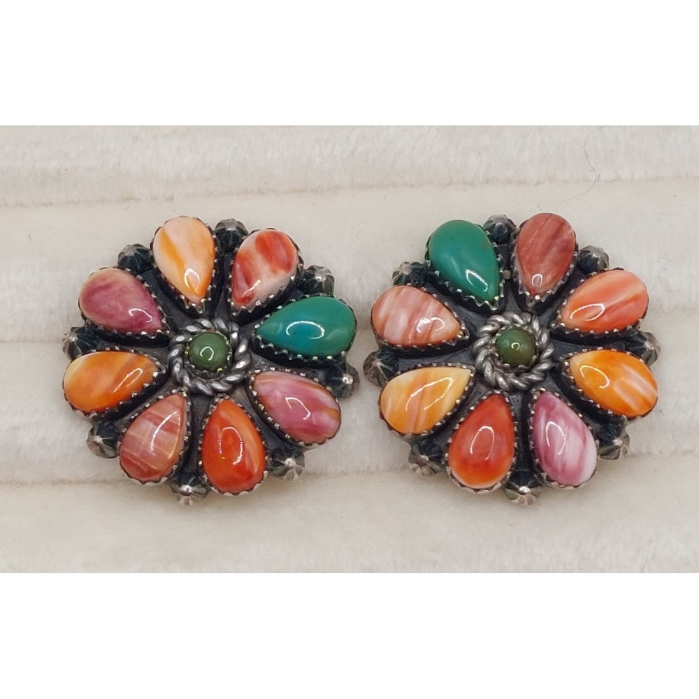 MARY MARIE YAZZIE Earrings Navajo Sterling Spiny Oyster Turquoise Cluster Flower